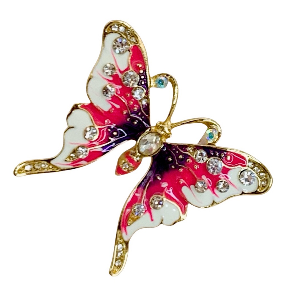Butterfly Purple, Pink, & White Enamel, Crystal, & Gold Tone Brooch Pin
